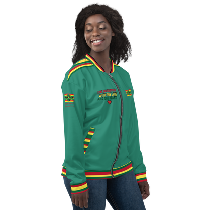 LOA's " LOVE ONE ANOTHER" Unisex Bomber Jacket (Elf Green with red, green and yellow stripes). Sizes XS - 3XL.