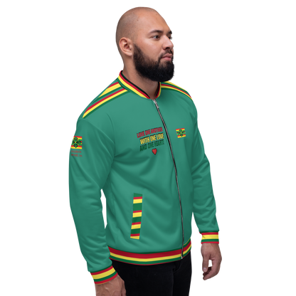 LOA's " LOVE ONE ANOTHER" Unisex Bomber Jacket (Elf Green with red, green and yellow stripes). Sizes XS - 3XL.