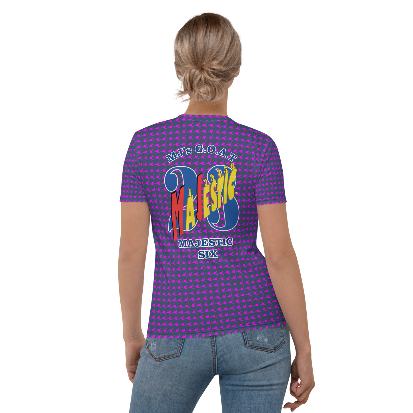 MAJESTIC SIX® WOMEN'S T-SHIRT. MJ's MAJESTIC SIX, "IT'S GOT THAT G.O.A.T. RING(S) TO IT." SIZES XS - 2XL. COLOURS (CELLO + VIOLET RED).