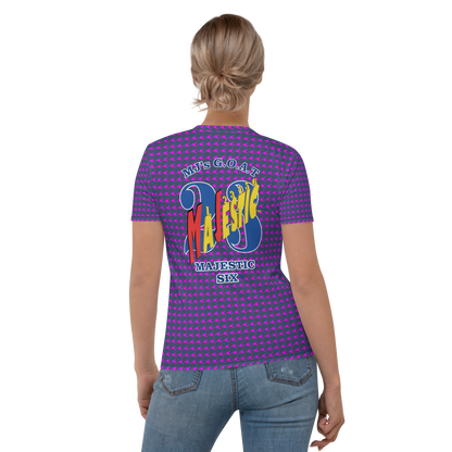 MAJESTIC SIX® WOMEN'S T-SHIRT. MJ's MAJESTIC SIX, "IT'S GOT THAT G.O.A.T. RING(S) TO IT." SIZES XS - 2XL. COLOURS (CELLO + VIOLET RED).