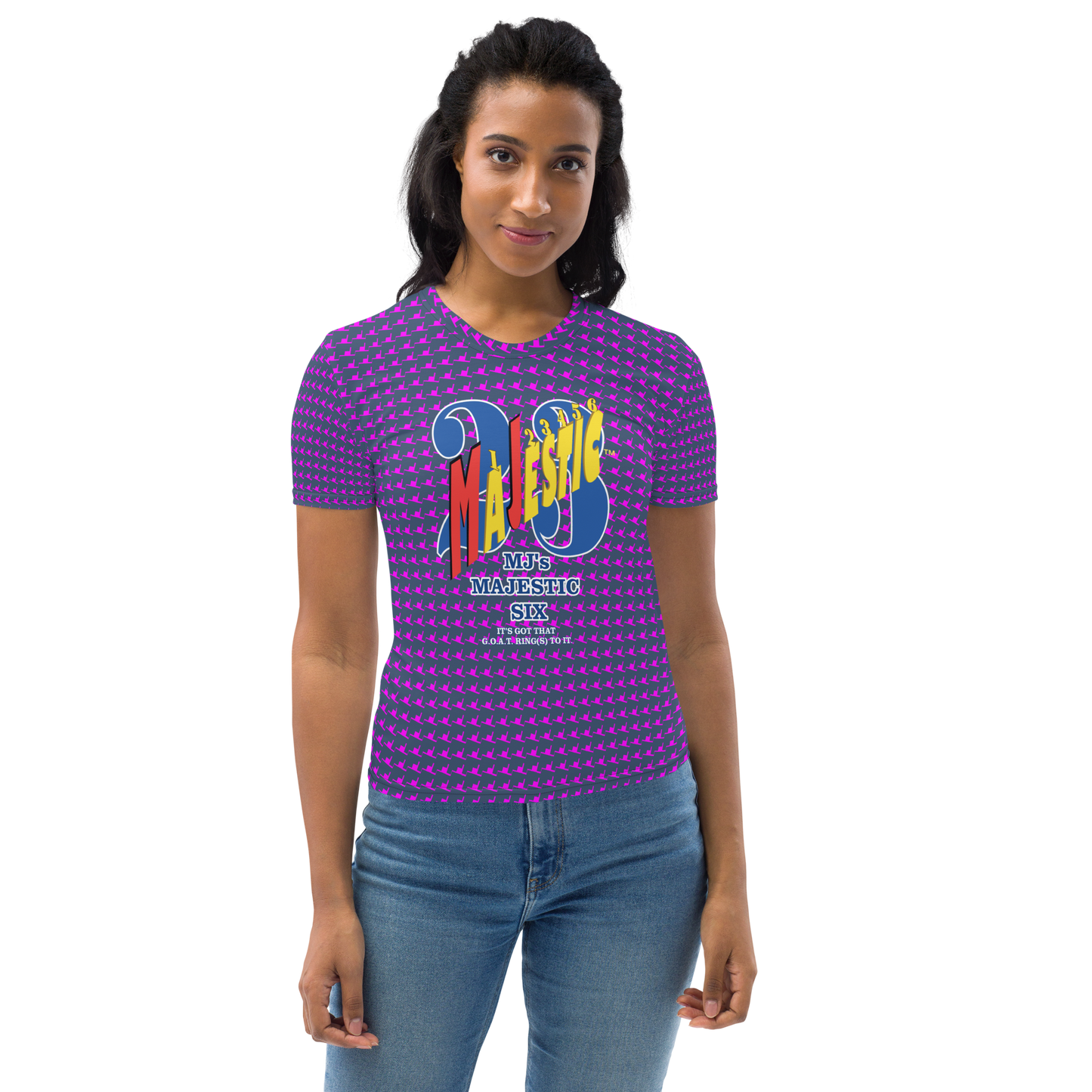 MAJESTIC SIX® WOMEN'S T-SHIRT. MJ's MAJESTIC SIX, "IT'S GOT THAT G.O.A.T. RING(S) TO IT." SIZES XS - 2XL. COLOURS (CELLO + VIOLET RED).