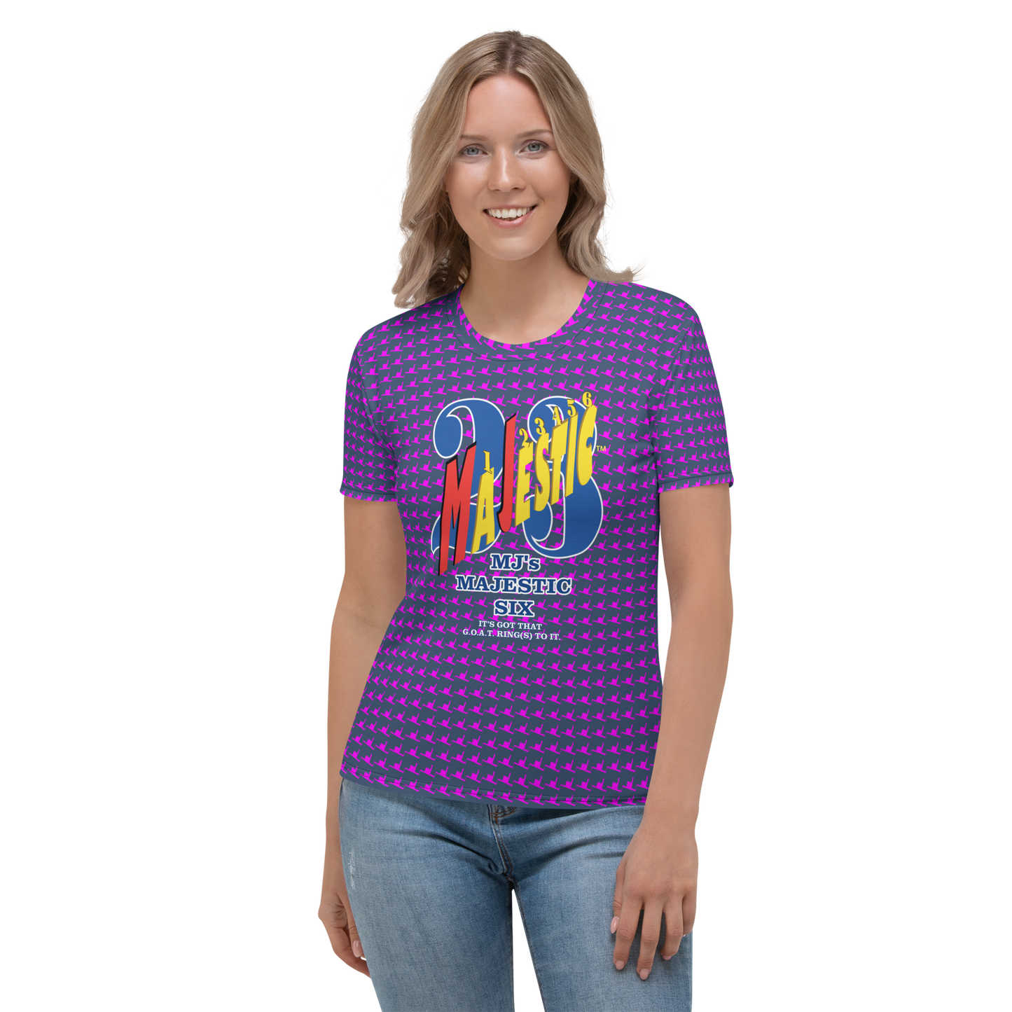 MAJESTIC SIX® WOMEN'S T-SHIRT. MJ's MAJESTIC SIX, "IT'S GOT THAT G.O.A.T. RING(S) TO IT." SIZES XS - 2XL. COLOURS (CELLO + VIOLET RED).