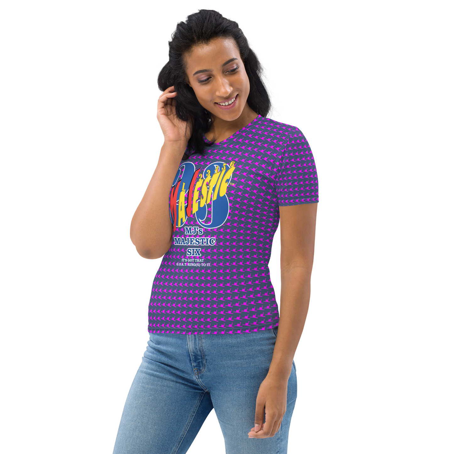 MAJESTIC SIX® WOMEN'S T-SHIRT. MJ's MAJESTIC SIX, "IT'S GOT THAT G.O.A.T. RING(S) TO IT." SIZES XS - 2XL. COLOURS (CELLO + VIOLET RED).