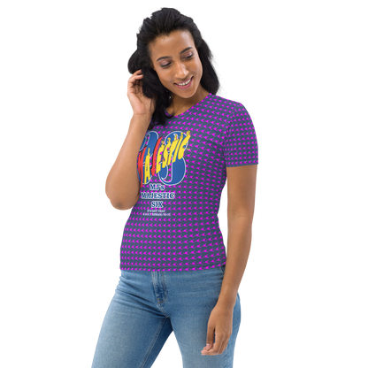 MAJESTIC SIX® WOMEN'S T-SHIRT. MJ's MAJESTIC SIX, "IT'S GOT THAT G.O.A.T. RING(S) TO IT." SIZES XS - 2XL. COLOURS (CELLO + VIOLET RED).