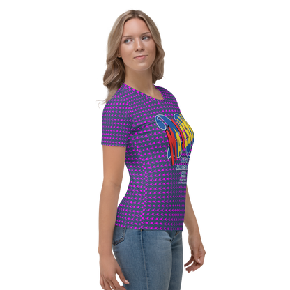 MAJESTIC SIX® WOMEN'S T-SHIRT. MJ's MAJESTIC SIX, "IT'S GOT THAT G.O.A.T. RING(S) TO IT." SIZES XS - 2XL. COLOURS (CELLO + VIOLET RED).