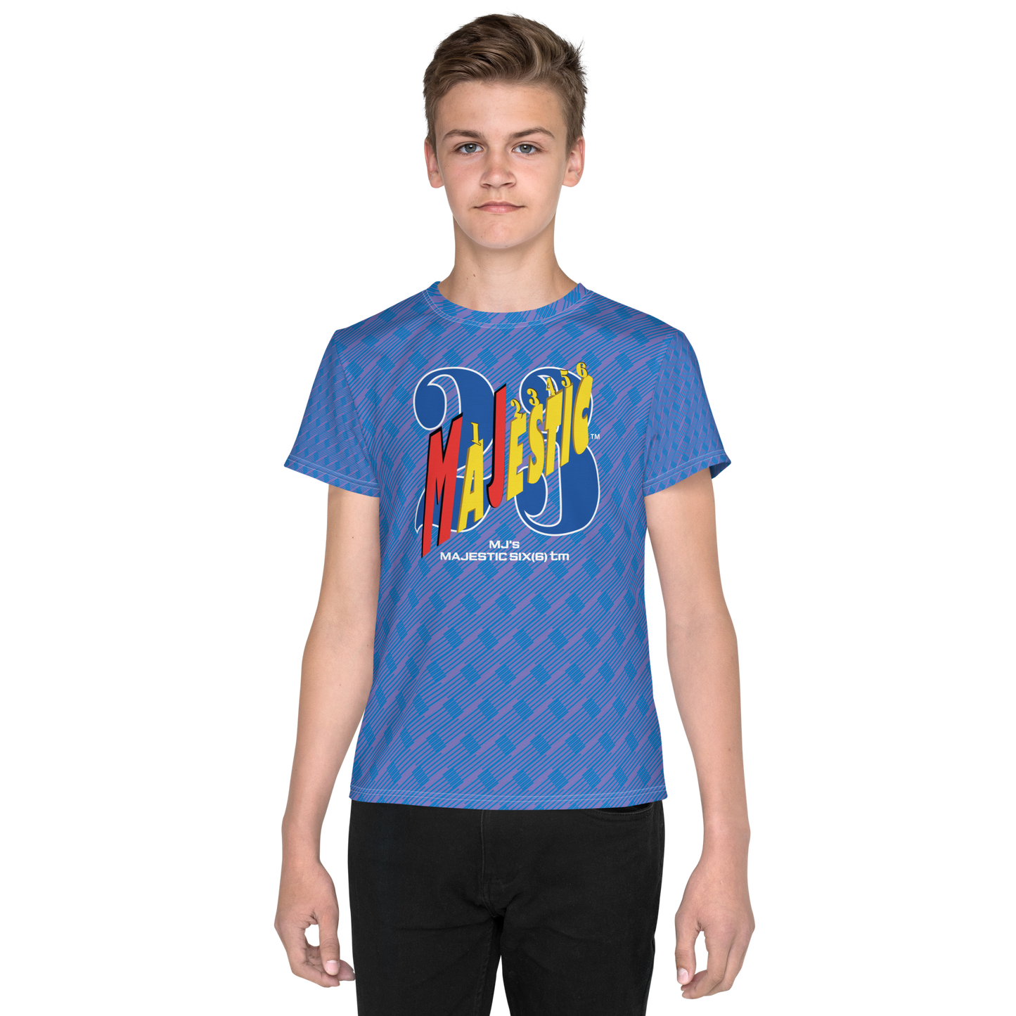 MJ's MAJESTIC SIX(6) tm Youth crew neck t-shirt. Moody blue+Navy blue (Kids/Youth).