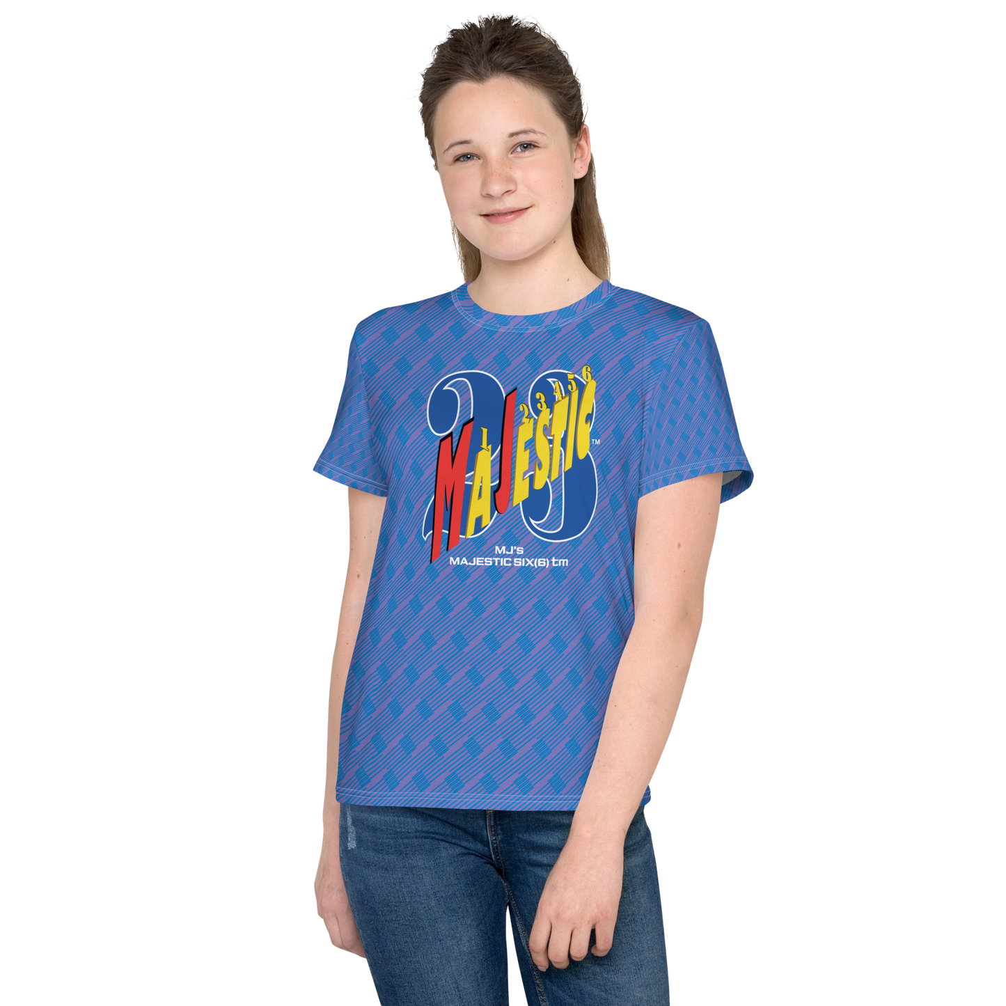 MJ's MAJESTIC SIX(6) tm Youth crew neck t-shirt. Moody blue+Navy blue (Kids/Youth).