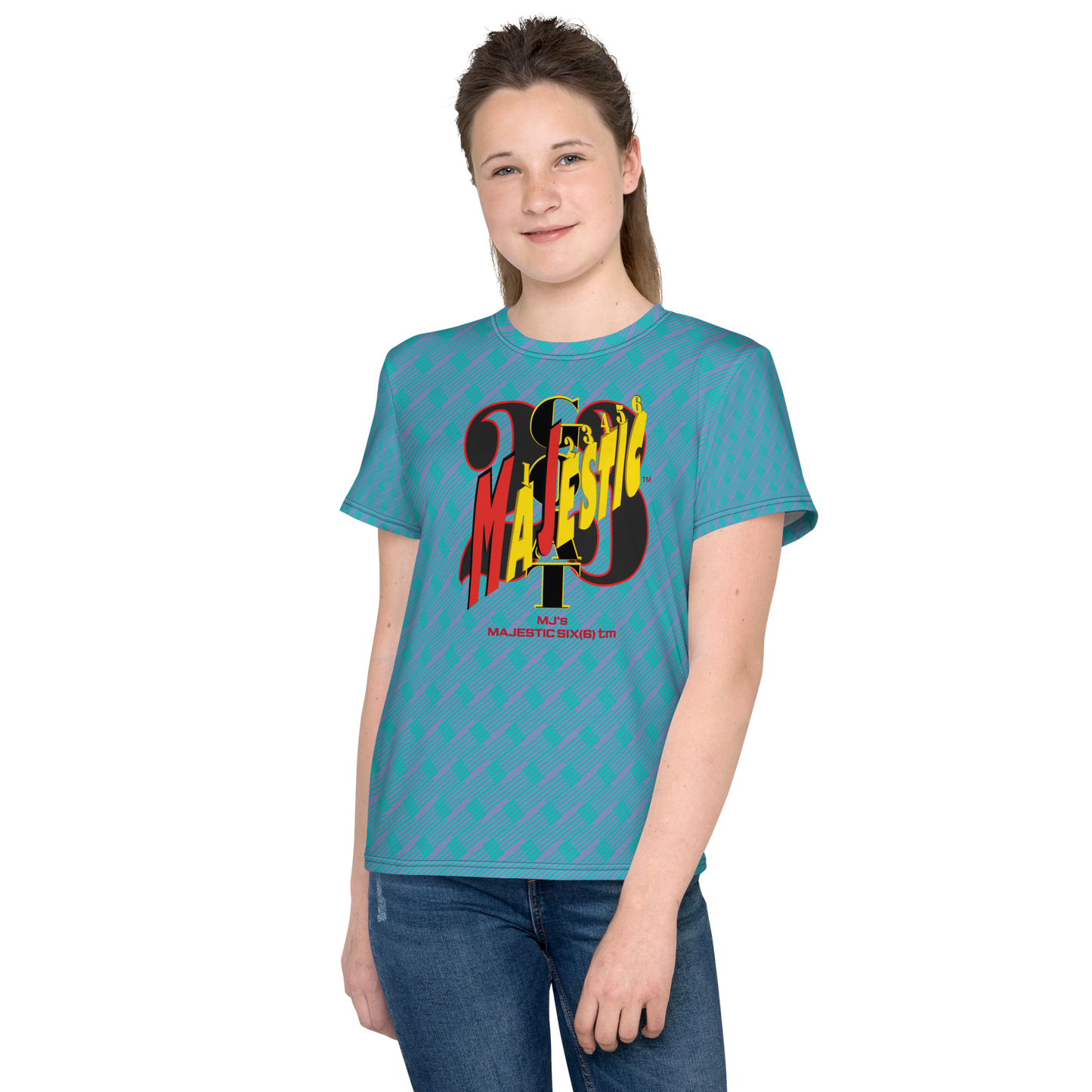 MAJESTIC SIX(6) tm Youth crew neck t-shirt (MJ's GOAT). Wild blue yonder+Iris blue (Kids/Youth).