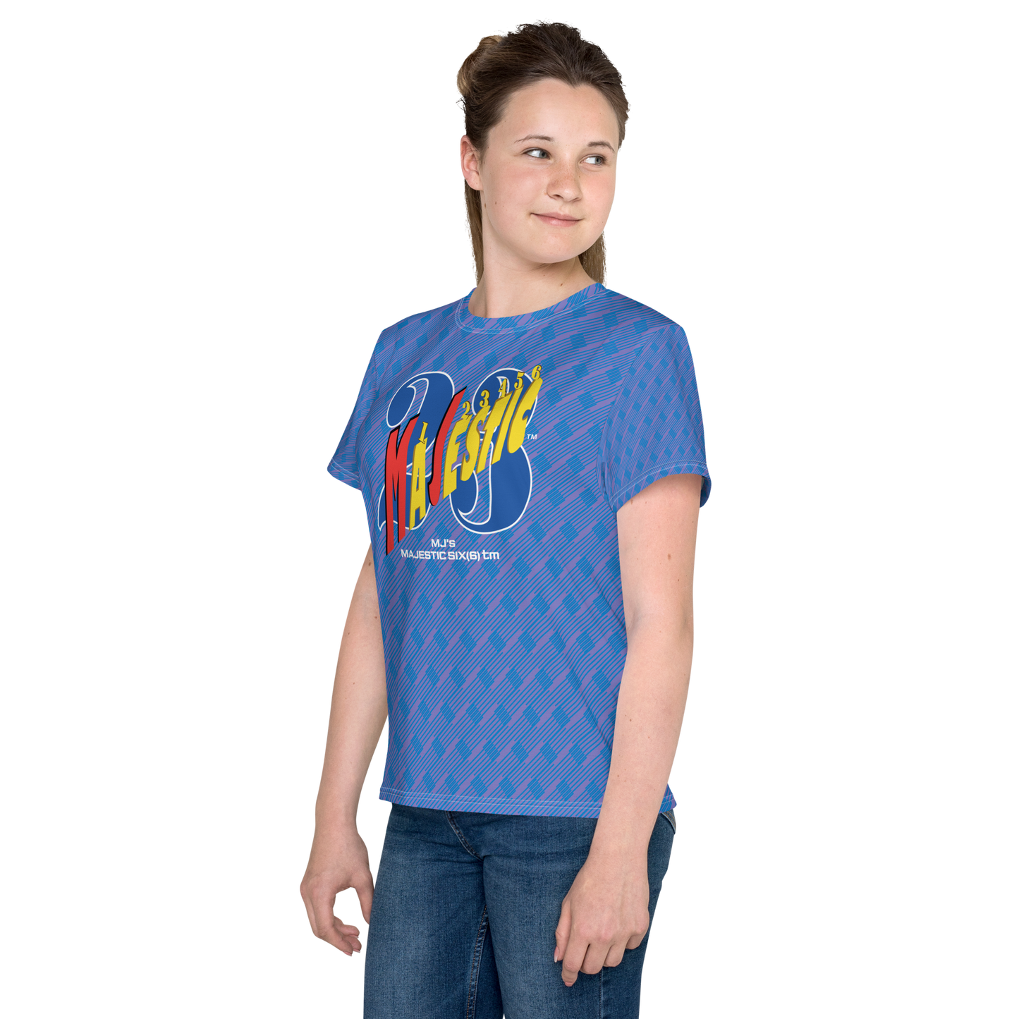 MJ's MAJESTIC SIX(6) tm Youth crew neck t-shirt. Moody blue+Navy blue (Kids/Youth).