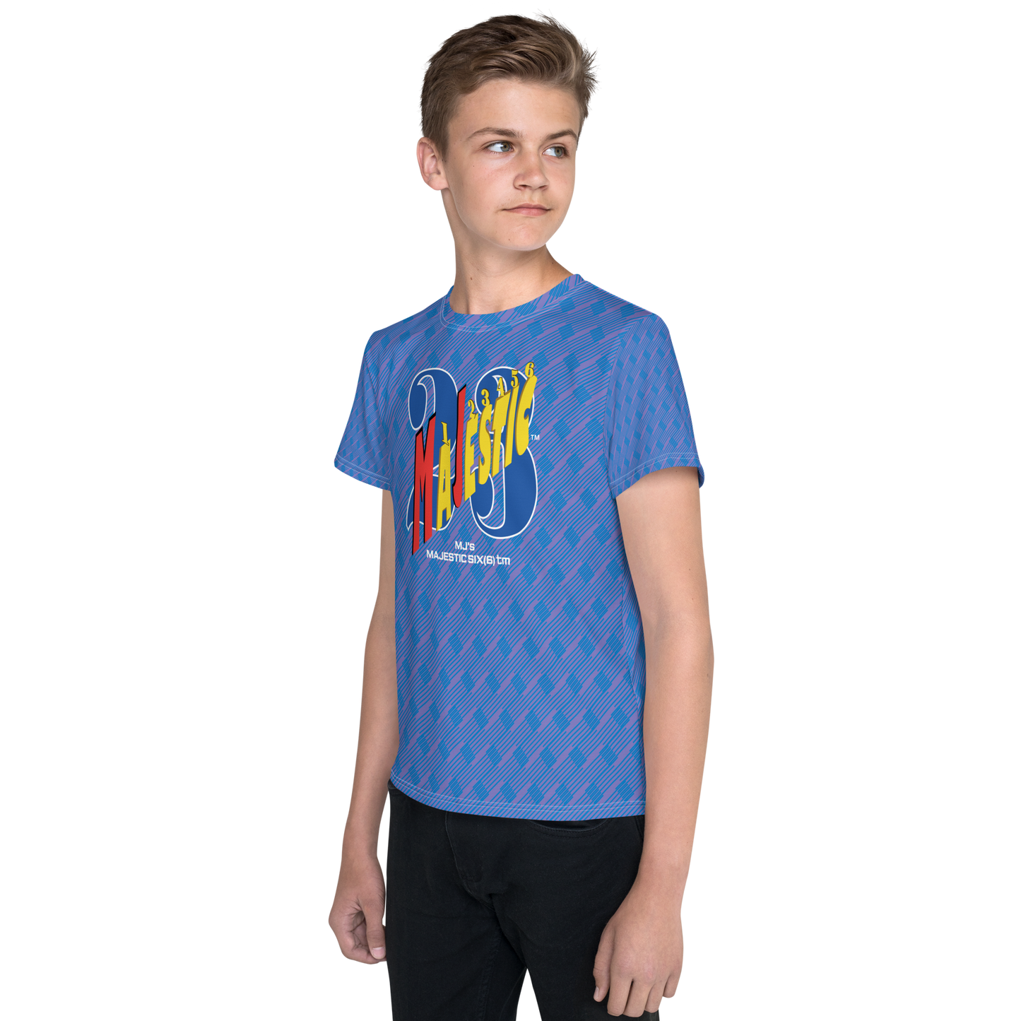 MJ's MAJESTIC SIX(6) tm Youth crew neck t-shirt. Moody blue+Navy blue (Kids/Youth).