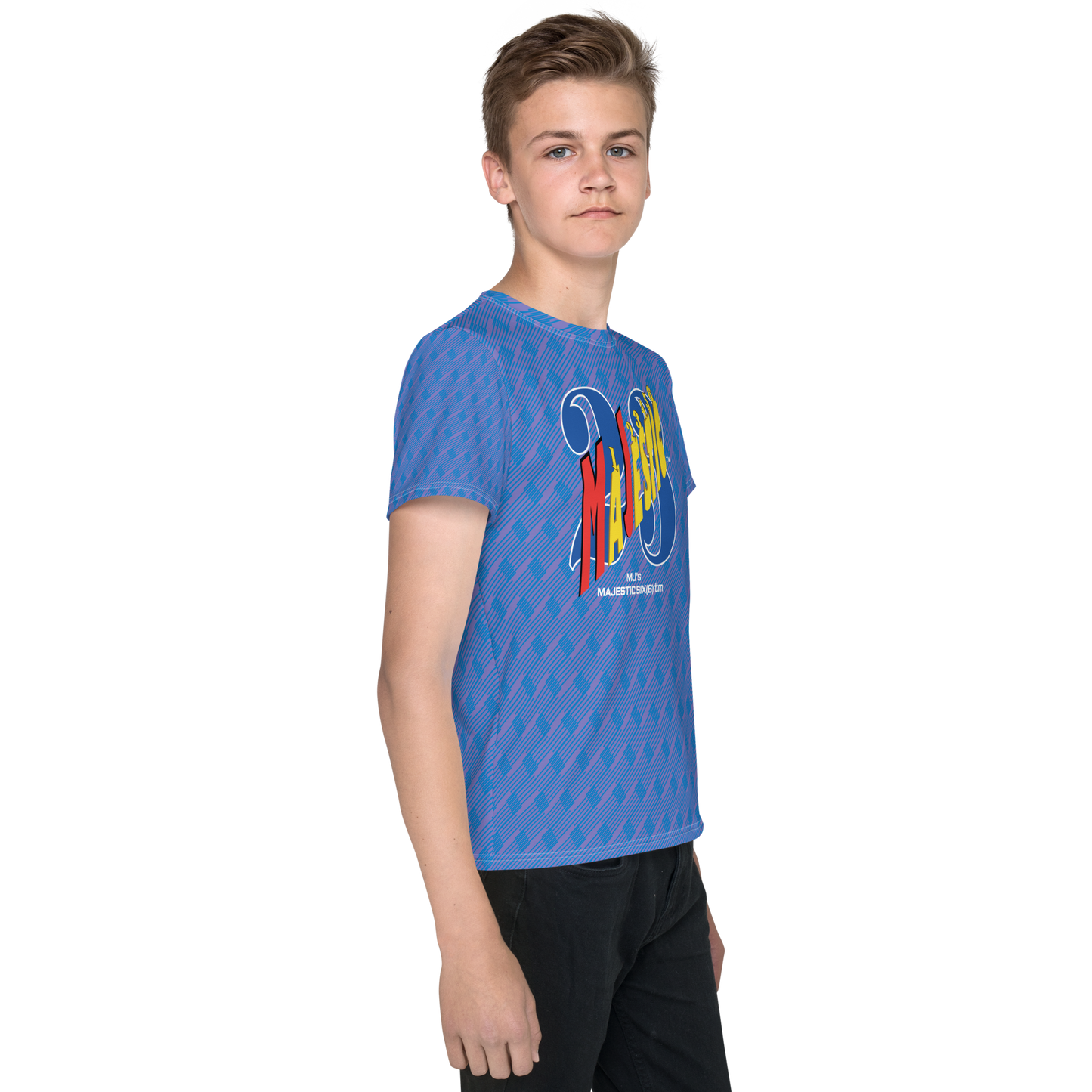 MJ's MAJESTIC SIX(6) tm Youth crew neck t-shirt. Moody blue+Navy blue (Kids/Youth).