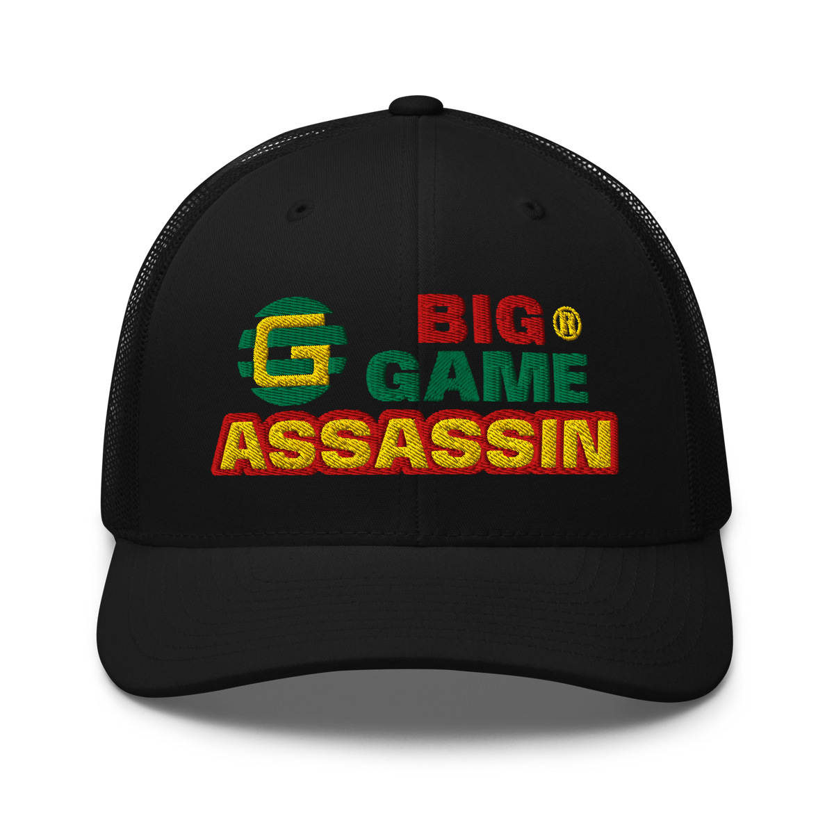 BIG GAME ASSASSIN® Triple C's Trucker Cap (layered text). Red, green and yellow design. Available in a variety of colours. One size.