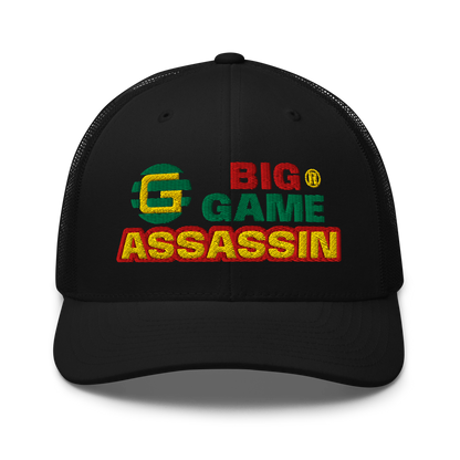 BIG GAME ASSASSIN® Triple C's Trucker Cap (layered text). Red, green and yellow design. Available in a variety of colours. One size.