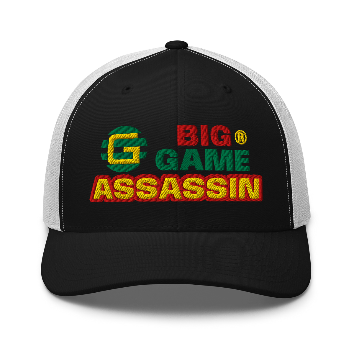 BIG GAME ASSASSIN® Triple C's Trucker Cap (layered text). Red, green and yellow design. Available in a variety of colours. One size.