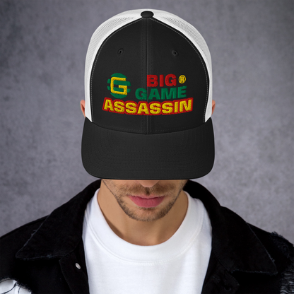 BIG GAME ASSASSIN® Triple C's Trucker Cap (layered text). Red, green and yellow design. Available in a variety of colours. One size.