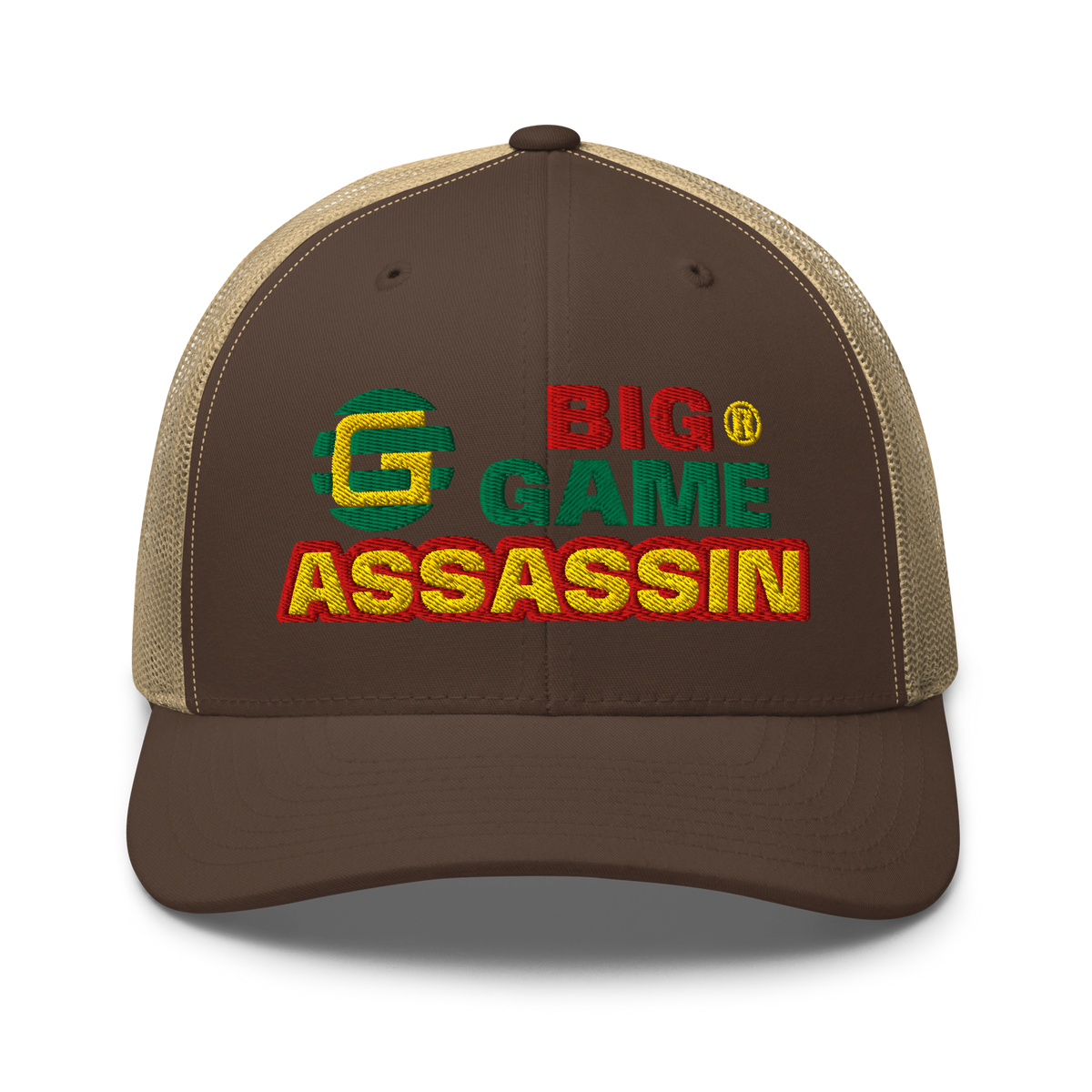 BIG GAME ASSASSIN® Triple C's Trucker Cap (layered text). Red, green and yellow design. Available in a variety of colours. One size.