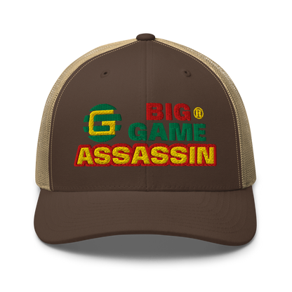 BIG GAME ASSASSIN® Triple C's Trucker Cap (layered text). Red, green and yellow design. Available in a variety of colours. One size.
