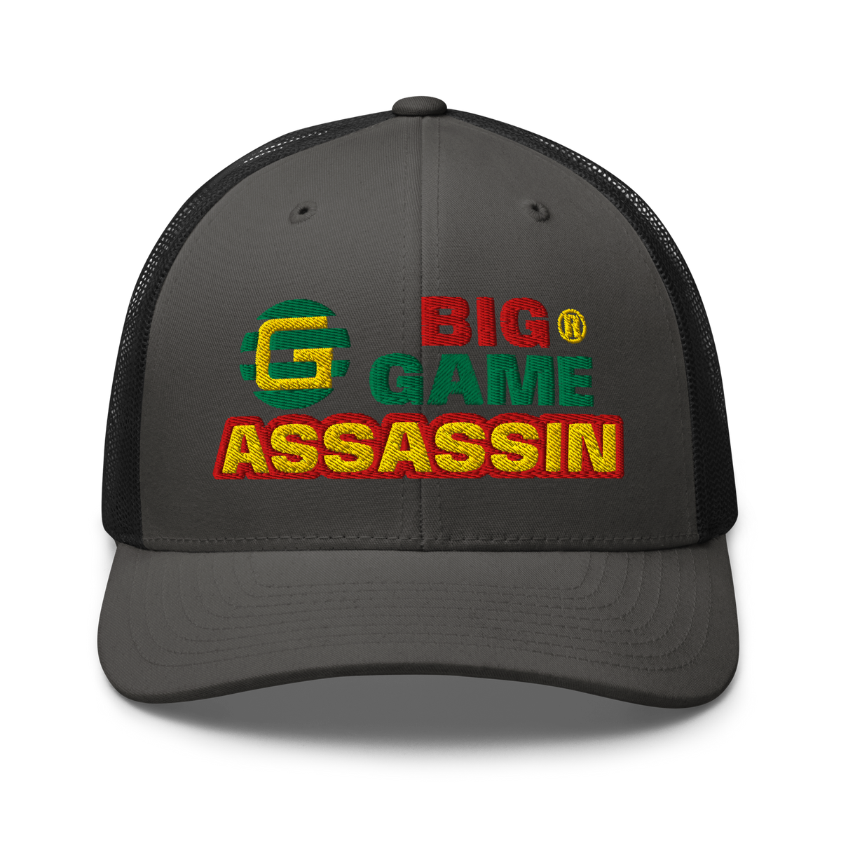 BIG GAME ASSASSIN® Triple C's Trucker Cap (layered text). Red, green and yellow design. Available in a variety of colours. One size.