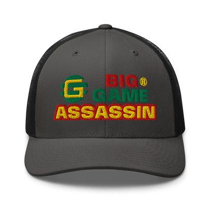 BIG GAME ASSASSIN® Triple C's Trucker Cap (layered text). Red, green and yellow design. Available in a variety of colours. One size.