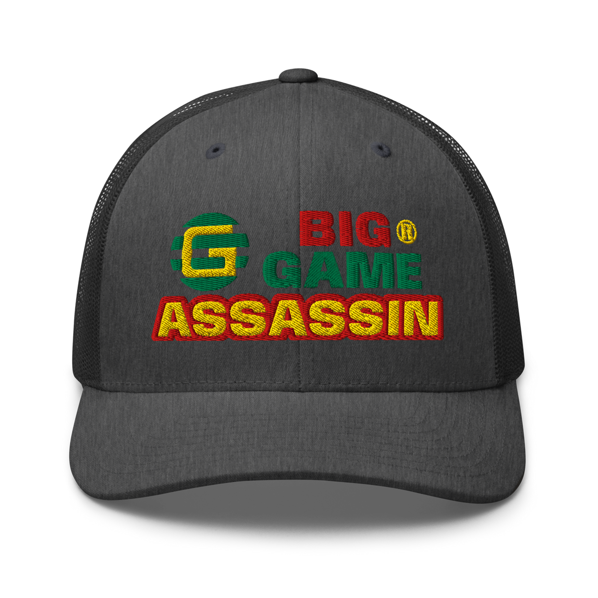 BIG GAME ASSASSIN® Triple C's Trucker Cap (layered text). Red, green and yellow design. Available in a variety of colours. One size.