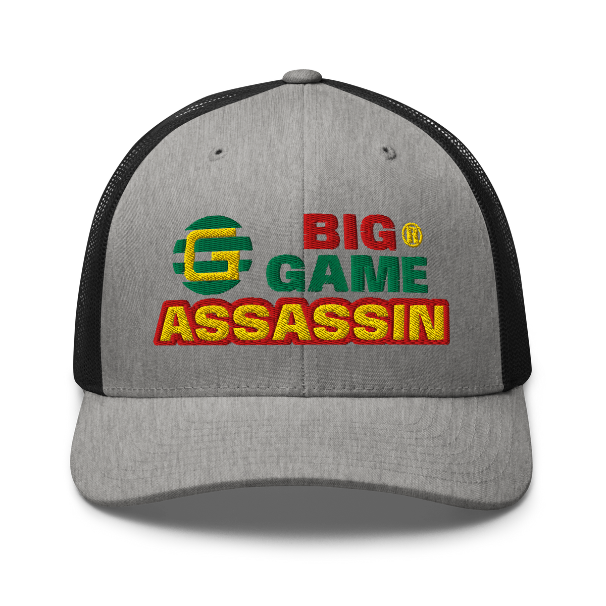 BIG GAME ASSASSIN® Triple C's Trucker Cap (layered text). Red, green and yellow design. Available in a variety of colours. One size.