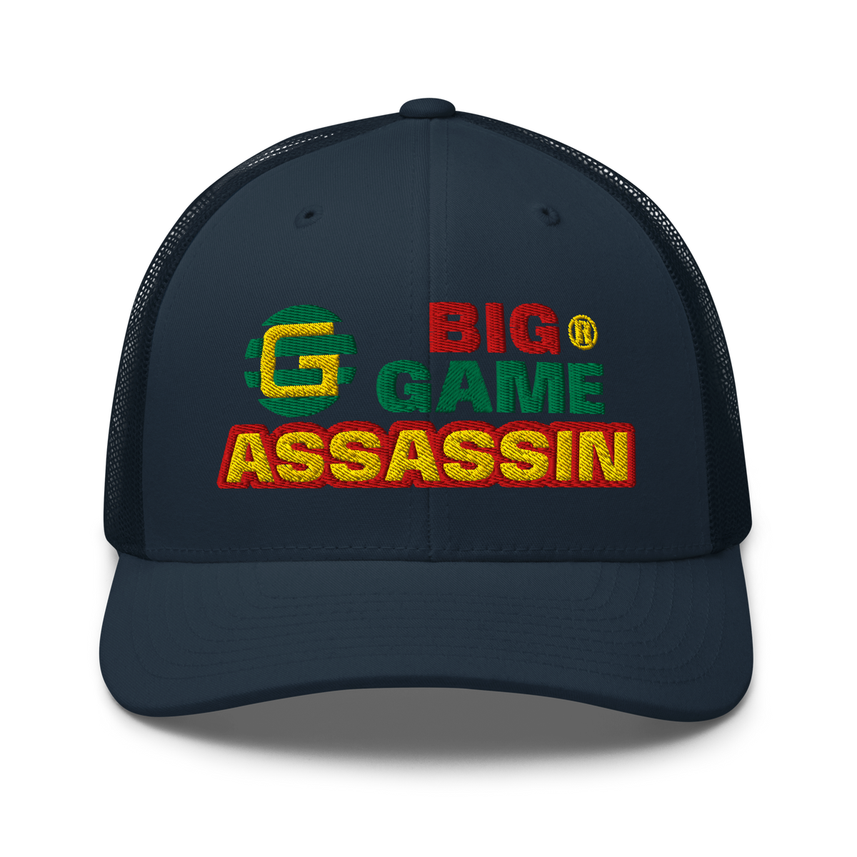 BIG GAME ASSASSIN® Triple C's Trucker Cap (layered text). Red, green and yellow design. Available in a variety of colours. One size.