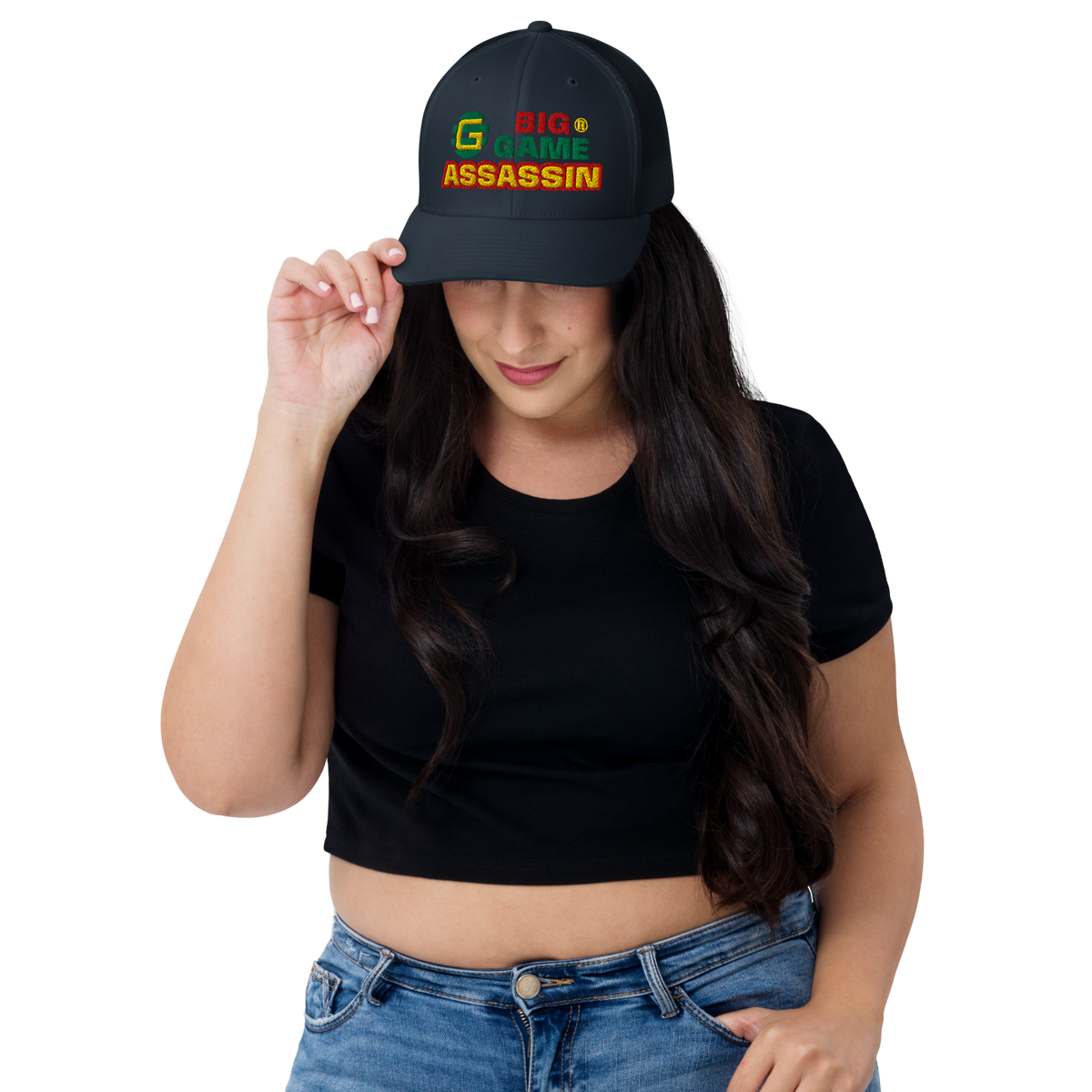 BIG GAME ASSASSIN® Triple C's Trucker Cap (layered text). Red, green and yellow design. Available in a variety of colours. One size.