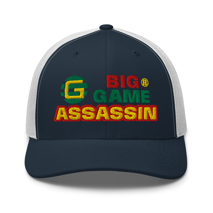 BIG GAME ASSASSIN® Triple C's Trucker Cap (layered text). Red, green and yellow design. Available in a variety of colours. One size.