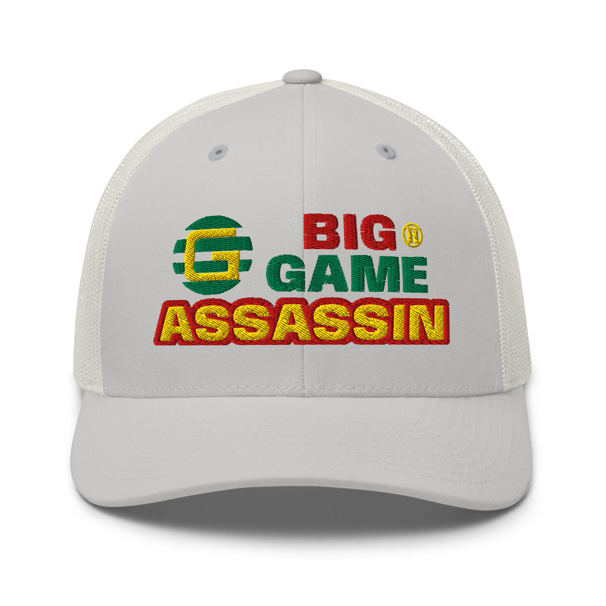 BIG GAME ASSASSIN® Triple C's Trucker Cap (layered text). Red, green and yellow design. Available in a variety of colours. One size.