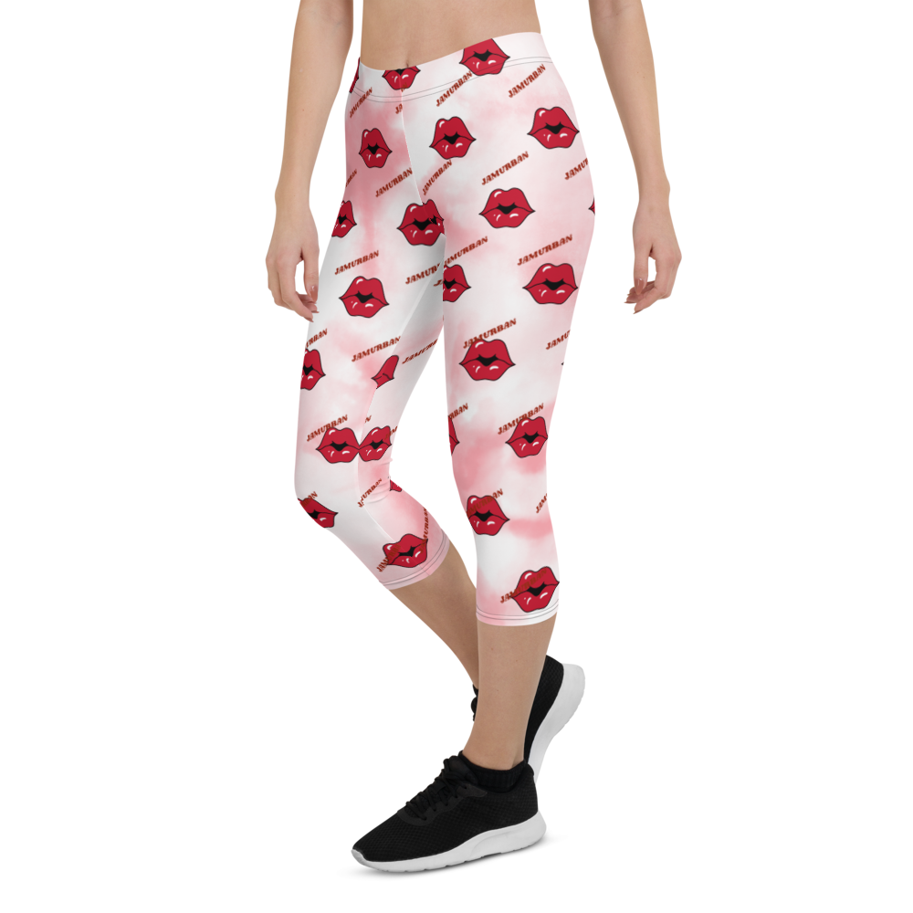 JAMURBAN "LIPZ SMACKAZ" Capri Leggings (Pink tie dye). Sizes XS - XL.