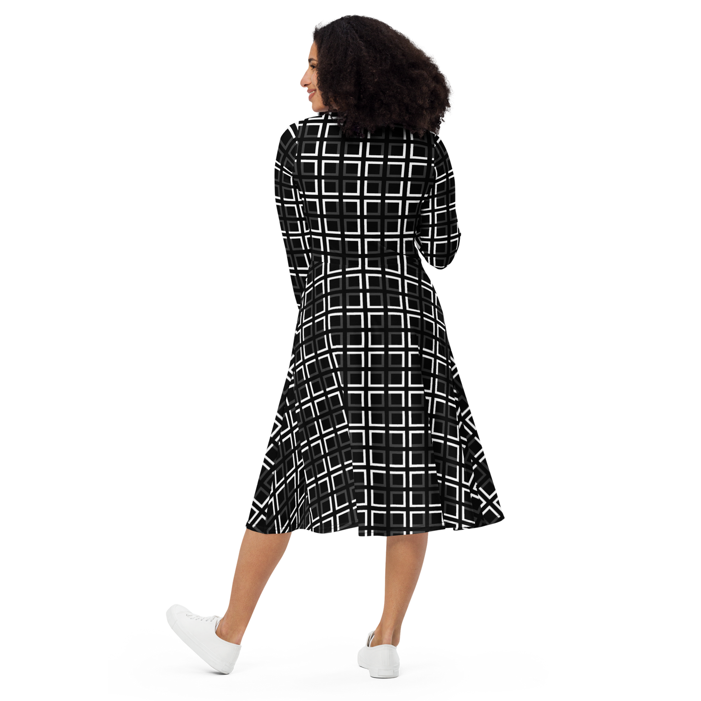 JAMURBAN "A-MAZE-IN" All-over print long sleeve midi dress (Black, White, Eclipse)