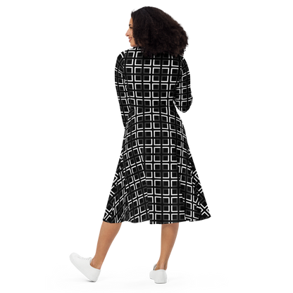 JAMURBAN "A-MAZE-IN" All-over print long sleeve midi dress (Black, White, Eclipse)