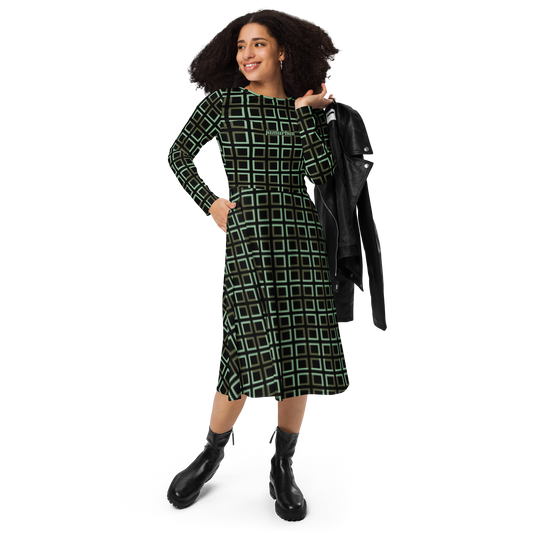 JAMURBAN "A-MAZE-IN" All-over print long sleeve midi dress (Black+Dark Sea Green+Saratoga)