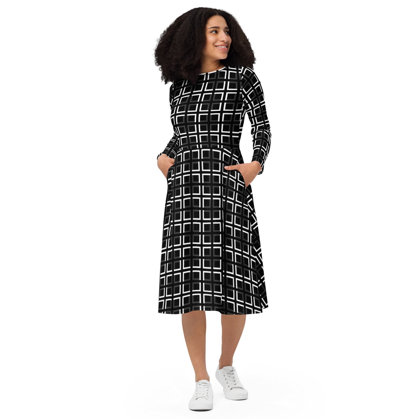 JAMURBAN "A-MAZE-IN" All-over print long sleeve midi dress (Black, White, Eclipse)