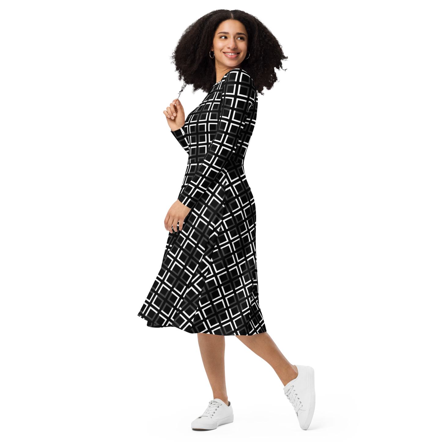 JAMURBAN "A-MAZE-IN" All-over print long sleeve midi dress (Black, White, Eclipse)