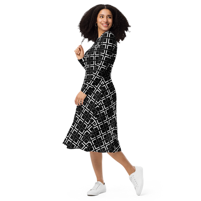 JAMURBAN "A-MAZE-IN" All-over print long sleeve midi dress (Black, White, Eclipse)