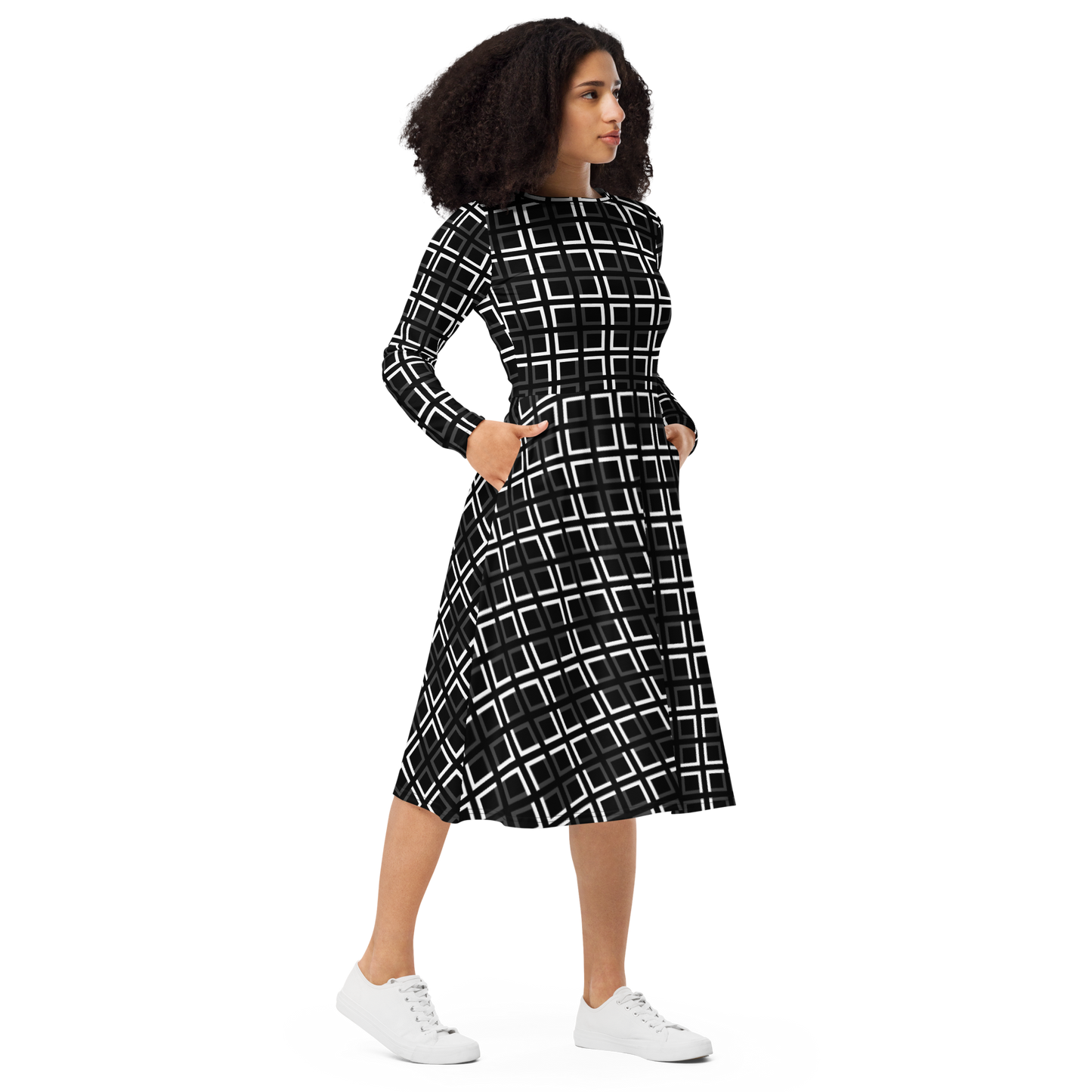 JAMURBAN "A-MAZE-IN" All-over print long sleeve midi dress (Black, White, Eclipse)