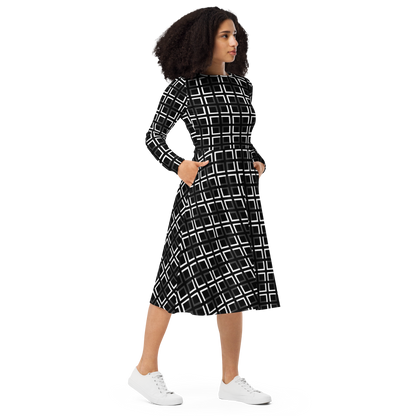 JAMURBAN "A-MAZE-IN" All-over print long sleeve midi dress (Black, White, Eclipse)